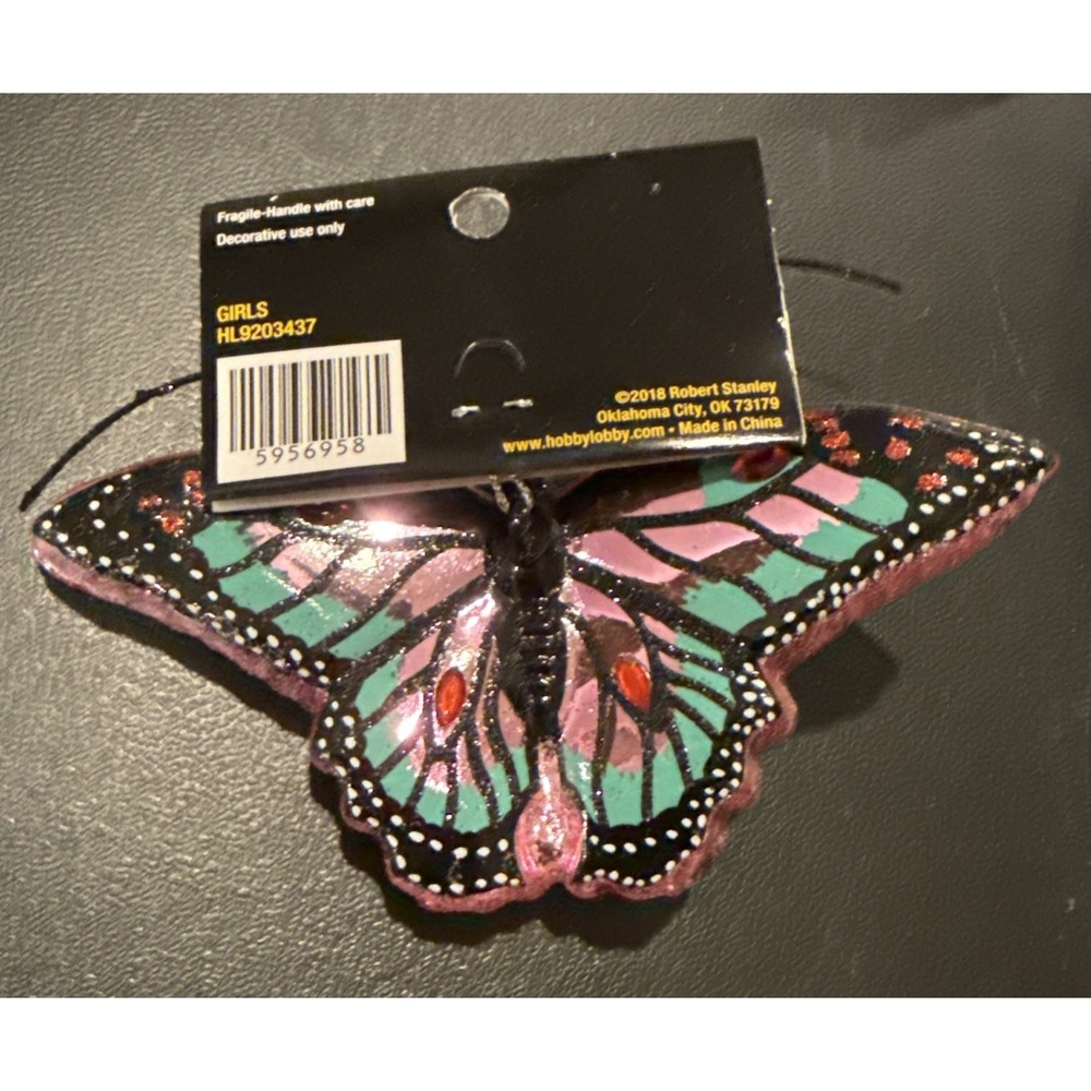 Robert Stanley Glass Pink Colorful Butterfly Christmas Holiday Tree Ornament NEW
